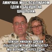 амиржан, мы с асылжаном едем к бабушке на шашлыки. алихан, никаких друзей, побольше играй в компьютер. мы вернёмся через 3 дня.