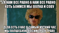 а нам все равно а нам все равно хоть боимся мы волка и сову дела есть у нас в самый жуткий час мы волшебную косим трын траву