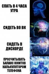 Спать в 4 часа утра Сидеть во вк Сидеть в дискорде Просчитывать баланс юнитов калькулятором телефона