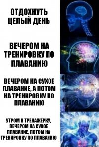 Отдохнуть целый день Вечером на тренировку по плаванию Вечером на сухое плавание, а потом на тренировку по плаванию Утром в тренажёрку, вечером на сухое плавание, потом на тренировку по плаванию