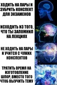 Ходить на пары и зубрить конспект для экзаменов Исходить из того, что ты запомнил на лекциях Не ходить на пары и учится с чужих конспектов Тратить время на изготовление шпор, вместо того чтоб выучить тему