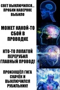 Свет выключился... Пробки наверное выбило Может какой-то сбой в проводке Кто-то лопатой перерубил главный провод! Произошёл гига скачёк и выключился рубильник!