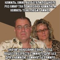 камиль, амир, вы бегали по школе раз амир так привязан к камилю, и камиль тоже любит амира значит наказание такое - 1 год вашего возраста=1 минуте друг без друга камилю 13 минут без амира