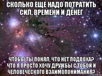 сколько еще надо потратить сил, времени и денег чтобы ты понял, что нет подвоха? что я просто хочу дружбы с тобой и человеческого взаимопонимания?