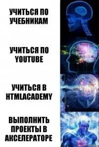 Учиться по учебникам Учиться по youtube Учиться в htmlacademy Выполнить проекты в Акселераторе