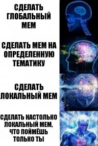 Сделать глобальный мем Сделать мем на определенную тематику Сделать локальный мем Сделать настолько локальный мем, что поймёшь только ты