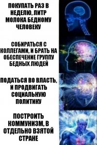 Покупать раз в неделю, литр молока бедному человеку Собираться с коллегами, и брать на обеспечение группу бедных людей Податься во власть, и продвигать социальную политику Построить коммунизм, в отдельно взятой стране