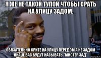 я же не такой тупой чтобы срать на улицу задом. обязательно срите на улицу передом а не задом иначе вас будут называть "мистер зад"