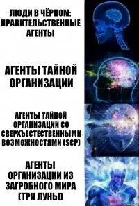 ЛЮДИ В ЧЁРНОМ:
Правительственные агенты агенты тайной организации агенты тайной организации со сверхъестественными возможностями (SCP) агенты организации из загробного мира (Три Луны)