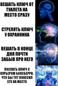 Вешать ключ от туалета на место сразу Стрелять ключ у охранника Вешать в конце дня почти забыв про него Послать ключ с курьером боксберри, что бы тот повесил его на место