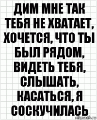 дим мне так тебя не хватает, хочется, что ты был рядом, видеть тебя, слышать, касаться, я соскучилась