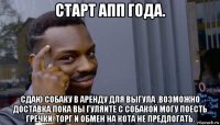 старт апп года. сдаю собаку в аренду для выгула .возможно доставка.пока вы гуляите с собакой могу поесть гречки .торг и обмен на кота не предлогать.