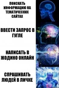 Поискать информацию на тематических сайтах Ввести запрос в гугле Написать в Жодино онлайн Спрашивать людей в личке