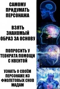 Самому придумать персонажа Взять знакомый образ за основу Попросить у Теократа помощи с квентой Узнать о своём персонаже из фиолетовых снов Мадам