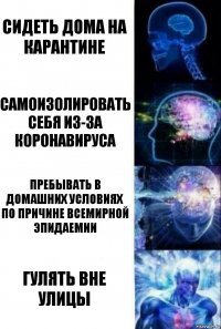 Сидеть дома на карантине Самоизолировать себя из-за коронавируса Пребывать в домашних условиях по причине всемирной эпидаемии гулять вне улицы