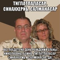 тиглатпаласар, синаххериб, салманасар вы поедете на день рождения елены николаевны бойко. тиглатпаласар, синаххериб и салманасар: да!