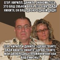 егор, кирилл, данила, знакомьтесь, это ваш зубной врач. его зовут дядя никита, он ваш двоюродный дядя! егор, кирилл и данила: здравствуйте, дядя никита! никита: здравствуйте, мои двоюродные племяннички! как ваша жизнь?