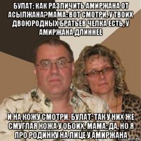 булат: как различить амиржана от асылжана?мама: вот смотри, у твоих двоюродных братьев челка есть, у амиржана длиннее и на кожу смотри. булат: так у них же смуглая кожа у обоих. мама: да, но я про родинку на лице у амиржана