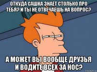 откуда сашка знает столько про тебя? и ты не отвечаешь на вопрос? а может вы вообще друзья и водите всех за нос?