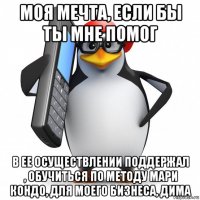 моя мечта, если бы ты мне помог в ее осуществлении поддержал , обучиться по методу мари кондо, для моего бизнеса, дима