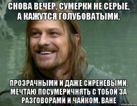 снова вечер, сумерки не серые, а кажутся голубоватыми, прозрачными и даже сиреневыми, мечтаю посумеричнять с тобой за разговорами и чайком. ване