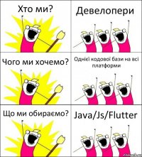 Хто ми? Девелопери Чого ми хочемо? Однієї кодової бази на всі платформи Що ми обираємо? Java/Js/Flutter