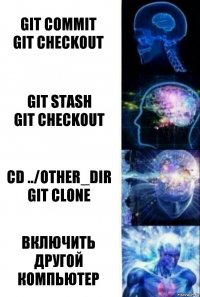 git commit
git checkout git stash
git checkout cd ../other_dir
git clone включить другой компьютер