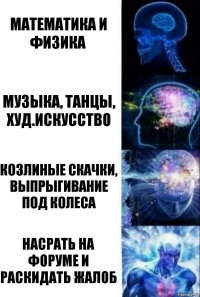 математика и физика музыка, танцы, худ.искусство козлиные скачки, выпрыгивание под колеса насрать на форуме и раскидать жалоб