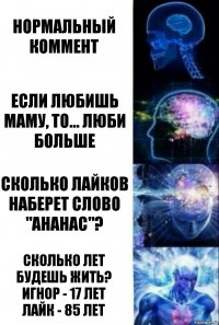 Нормальный коммент Если любишь маму, то... люби больше Сколько лайков наберет слово "ананас"? Сколько лет будешь жить? Игнор - 17 лет
лайк - 85 лет