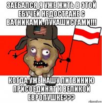 заебался я уже жить в этой ебучей недостране с ватниками-лукашистами!!! когда уже нашу литвинию присоединят к великой европушке???