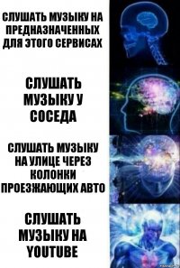 Слушать музыку на предназначенных для этого сервисах Слушать музыку у соседа Слушать музыку на улице через колонки проезжающих авто Слушать музыку на youtube