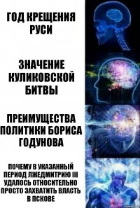 Год Крещения Руси Значение Куликовской битвы Преимущества политики Бориса Годунова Почему в указанный период Лжедмитрию III удалось относительно просто захватить власть в Пскове