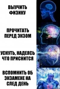 Выучить физику Прочитать перед экзом уснуть, надеясь что приснится Вспомнить об экзамене на след день