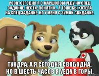 рози: сегодня я с маршолом уеду на спец задание. нести: понятно... я тоже бы хотела на спец задание, но у меня с зумой свидание. тундра: а я сегодня свободна, но в шесть часов я уеду в горы.