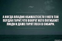 А когда Владик обижается,то у него так пердак горит,что вокруг него погибают люди и даже горят леса в сибири.