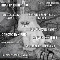 План на крікет 1800 Маршрут кончений Борушок бере лише 3 блока Віддали грьобану тисменицю Списують хірню Їду лише до польової а не додому Футболок кліпера нема Колеса до мазди дорогі Жінка скоро з хати вижене Ще й Хрущ кум