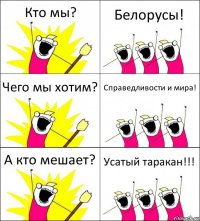 Кто мы? Белорусы! Чего мы хотим? Справедливости и мира! А кто мешает? Усатый таракан!!!