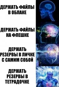 Держать файлы в облаке Держать файлы на флешке Держать резервы в личке с самим собой Держать резервы в тетрадочке