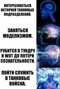 Интересоваться историей танковых подразделений. Заняться моделизмом. Рубится в Тундру и WoT до потери сознательности. Пойти служить в танковые войска.