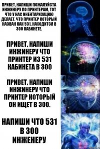 Привет, напиши пожалуйста инжинеру по принтерам, тот что у нас инентаризацию делает. Что принтер который назван как 531, находится в 300 кабинете. Привет, напиши инжинеру что принтер из 531 кабинета в 300 Привет, напиши инжинеру что принтер который он ищет в 300. Напиши что 531 в 300
Инженеру