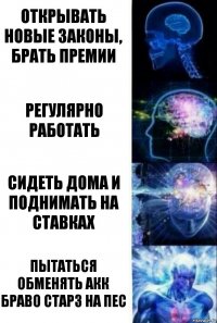 Открывать новые законы, брать премии Регулярно работать Сидеть дома и поднимать на ставках Пытаться обменять акк браво Старз на ПЕС