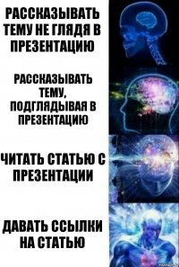 Рассказывать тему не глядя в презентацию Рассказывать тему, подглядывая в презентацию Читать статью с презентации Давать ссылки на статью