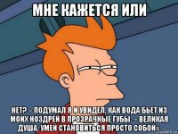 мне кажется или нет? – подумал я и увидел, как вода бьет из моих ноздрей в прозрачные губы. – великая душа, умей становиться просто собой».