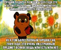 лучший подарок по моему 2009 года это и ослик сразу поймёт даже немножечко чайная ложечка это уже хорошо! ну а тем более полный горшок? но 2009 года это очень уж странный предмет всякое вещь или есть или нет