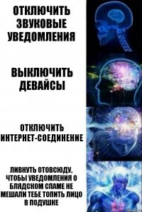 отключить звуковые уведомления выключить девайсы отключить интернет-соединение ливнуть отовсюду, чтобы уведомления о блядском спаме не мешали тебе топить лицо в подушке