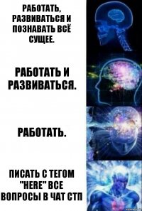 Работать, развиваться и познавать всё сущее. Работать и развиваться. Работать. Писать с тегом "here" все вопросы в чат СТП