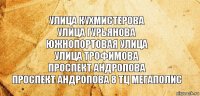 улица кухмистерова
улица гурьянова
южнопортовая улица
улица трофимова
проспект андропова
проспект андропова 8 тц мегаполис