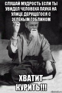 слушай мудрость если ты увидел человека паука на улице дерущегося с зелёным гоблином хватит курить!!!