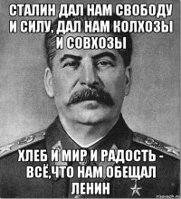 сталин дал нам свободу и силу, дал нам колхозы и совхозы хлеб и мир и радость - всё,что нам обещал ленин