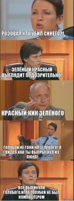 розовая:кто убил синего?! зелёный:красный выглядит подозрительно! красный:кик зелёного голубой:не гони на зелёного! я видел как ты выпрыгнул из люка! все выкинули голубого,игра:голубой не был компостером